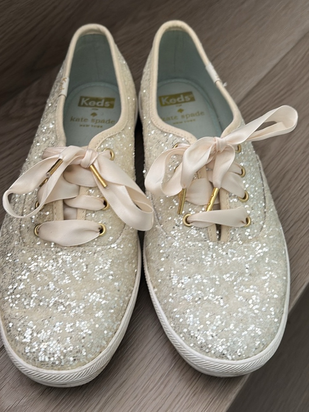 kate spade Glitter Ribbon Lace Sneakers in Champagne